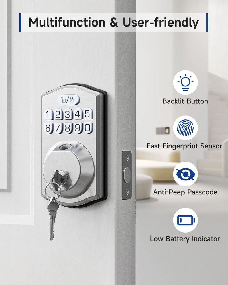 HOSOM Smart Fingerprint Deadbolt for Front Door, Electronic Keypad Entry Door Lock-20 User Codes, Anti Peeking, Auto Lock, Satin Nickel
