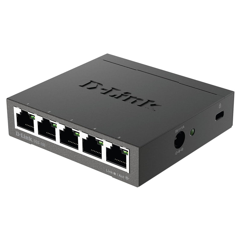 D-Link Ethernet Switch, 5 Port Gigabit Unmanaged Metal Desktop Plug and Play Compact (DGS-105),Black 5-Port Switch