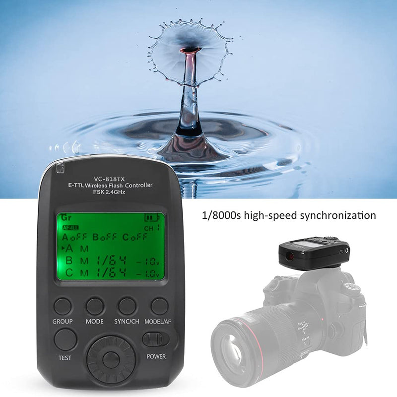 VC-818TX E-TTL Flash, 2.4G Transmitter Maximum Support for 1/8000s High Speed Synchronization Supports 8 Channels 30ID, for Camera