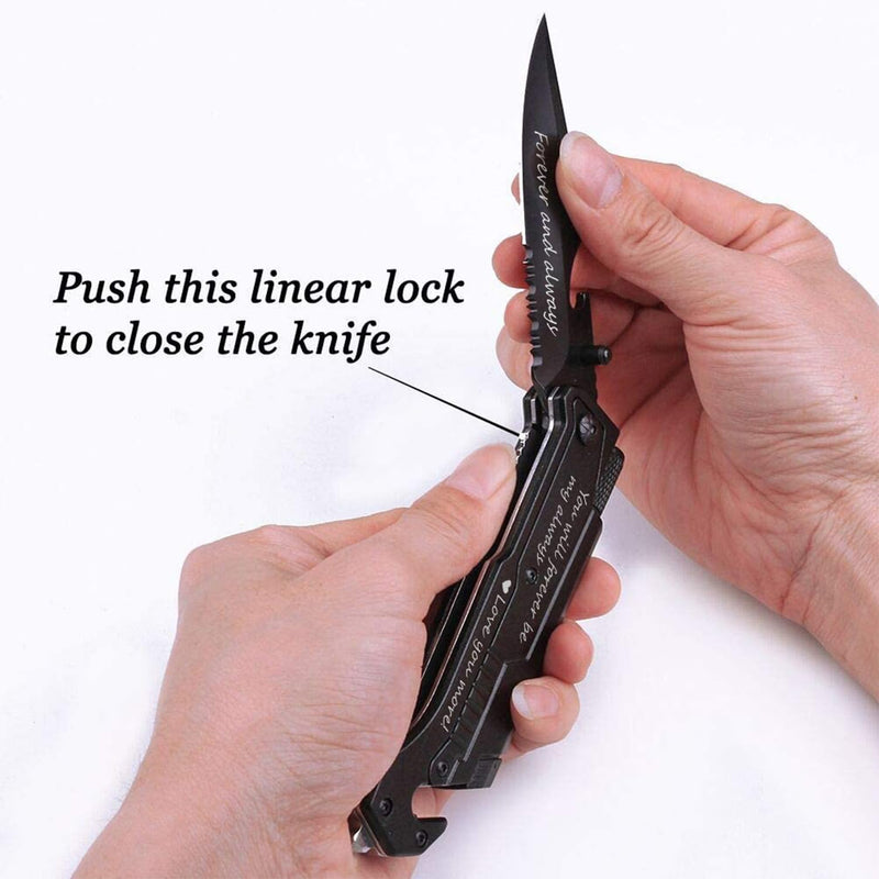 Husband Boyfriend Birthday Present, Pocket Knife with Box with 6 Functions, LED Light,Fire Starter,Bottle Opener,Seat Belt Cutter,Glass Breaker, Gift for Men, Anniversary, Father's Day Love-with box