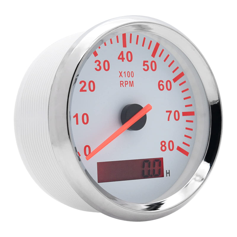 Geloo 85mm Boat Tachometer Gauge Marine RPM Tachometer Outboard Tachometer 0-8000 RPM Tacho Meter with Hour Meter RED Blacklight for Diesel Engine Car Truck Tachometer 8000RPM 12V 24V White & Silver