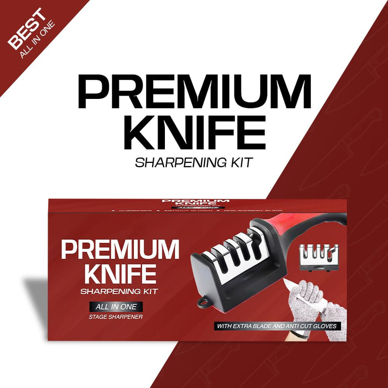 Premium 4-in-1 Knife Sharpening Kit, Kitchen knife sharpener with Anti-Cut Gloves and Extra Sharpening Blade, Red and Black, Professional Grade Kitchen Tool Set