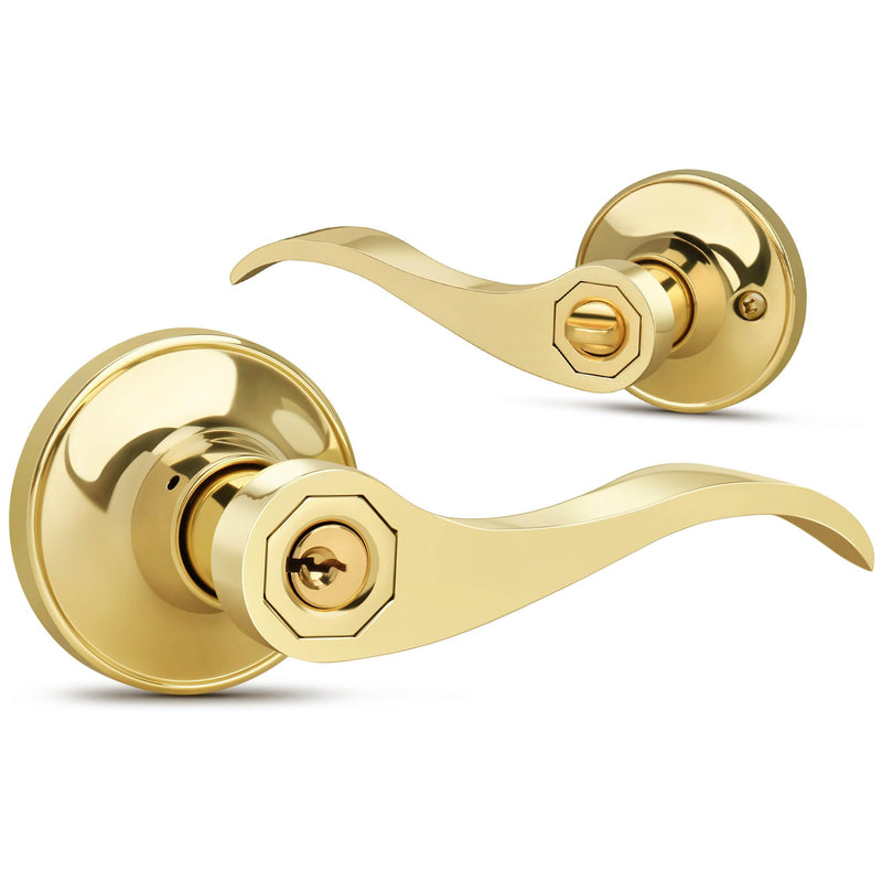 Moquin Wave Style Gold Door Handle with Lock and Key, Keyed Entry Brushed Gold Door Handles for Bedroom or Front Door, Polished Brass 1 Pack Keyed Entry-Lock & Key