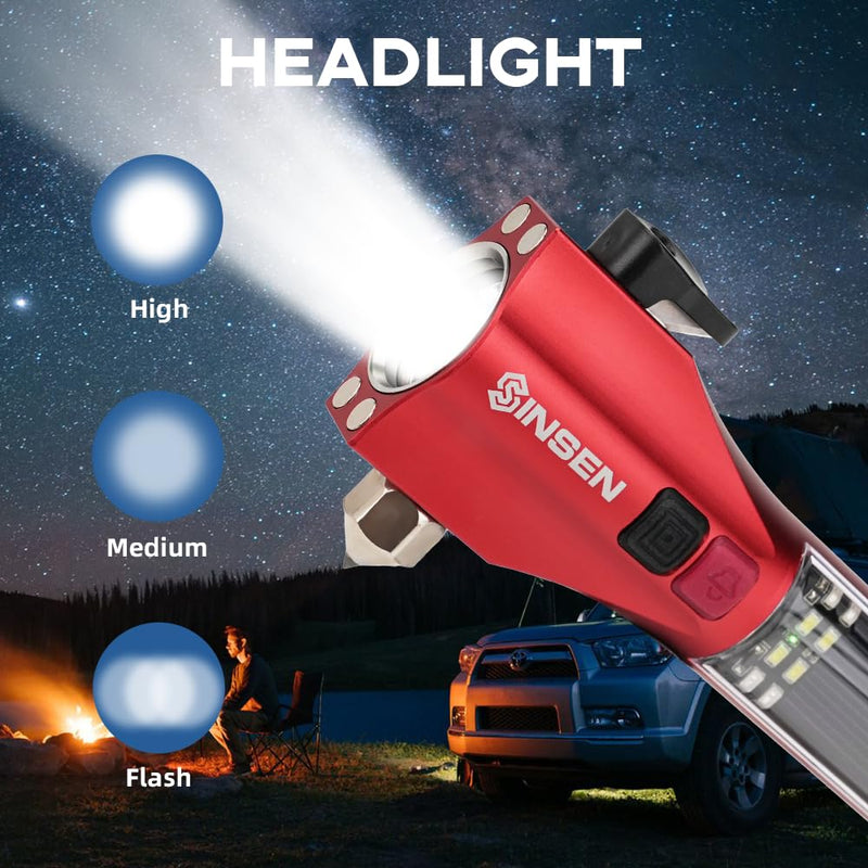 SINSEN Emergency Flashlight for Car, Seatbelt Cutter Window Breaker, 16-in-1 Multifunctional Safety Tool—Glass Hammer/Bright Solar Torch/Rechargeable/Rescue Alarm & Beacon/Repair Magnet Red 7.8in