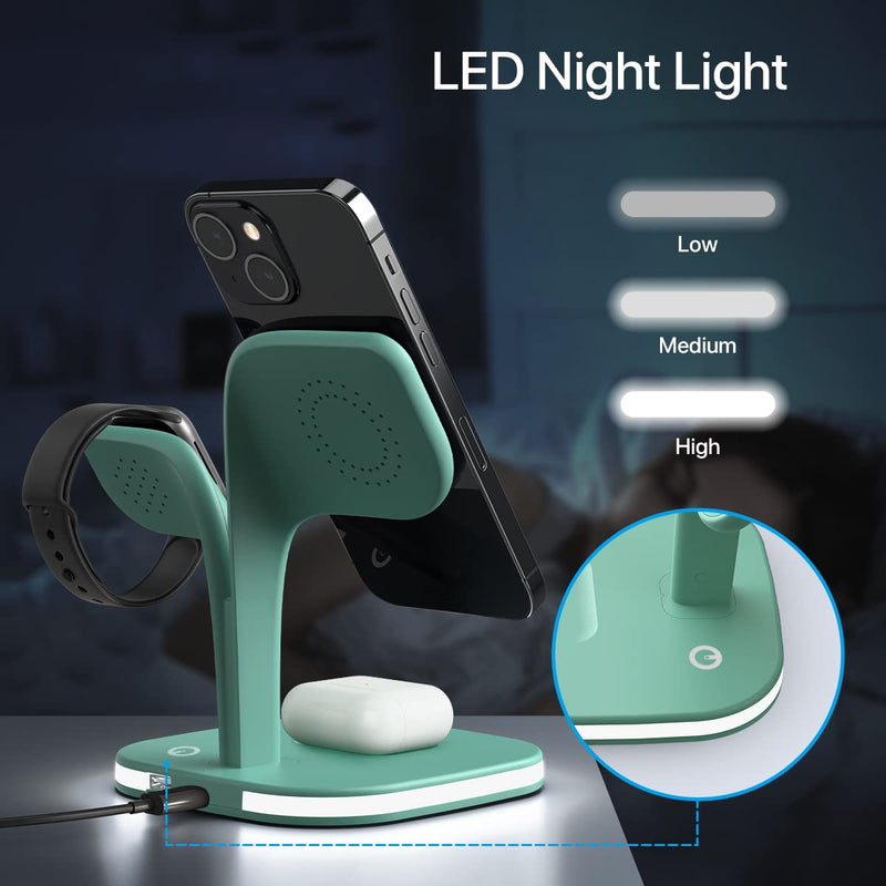 EXW Charging Station, Magnetic Wireless Charger,5 in 1 Fast Mag-Safe Wireless Charger Stand for iPhone 17/Air/16/15/14/13/12 Pro/Max/Mini/Plus, Apple Watch 10/9/ 8/7/6/SE/5/4/3/2 and Airpods 3/2/Pro Green
