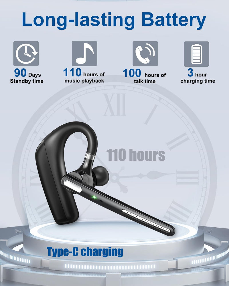 Kendir Bluetooth Headset V5.4, Wireless Bluetooth Earpiece with CVC8.0 Dual Mic Noise Cancelling 110 Hours Talktime for Cell Phone/iPhone and Android Headphones for Trucker/Driver/Business