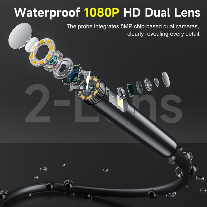 Dual Lens Endoscope Camera with Light, 5.0'' IPS Screen Inspection Camera, 1080P HD Handheld Borescope with 8 LED Lights, 7.9mm IP67 Waterproof Lens with 16.5ft Semi-Rigid Cable