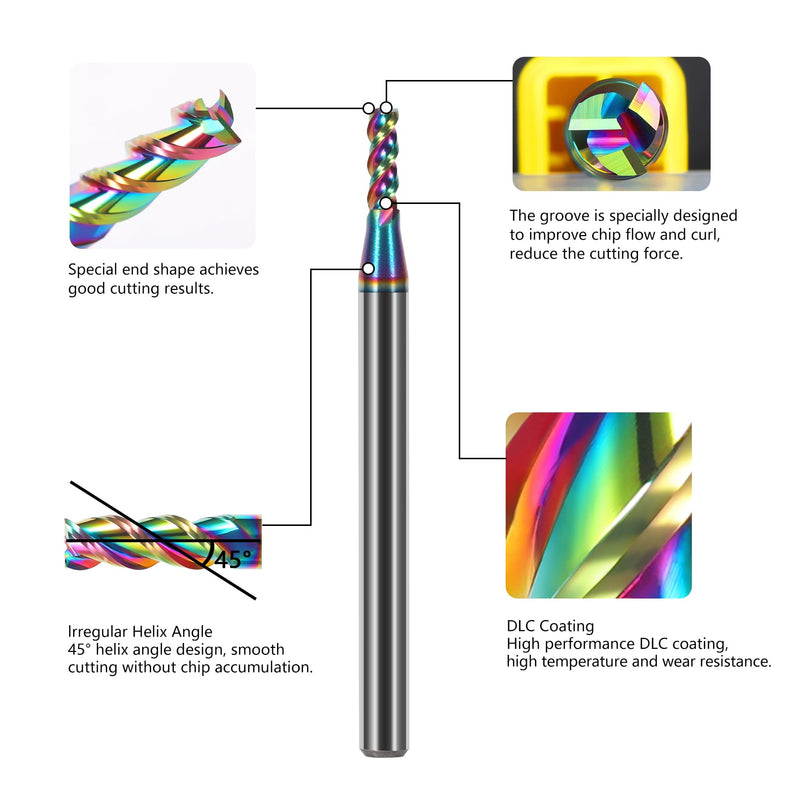 5pcs 1/16" Solid Carbide Flat End Mills Set 3 Flute Diamond-Like Coating End Milling Cutter for Aluminum,Copper,Magnesium Alloys 1/16"-DLC Coated Multicolored 5