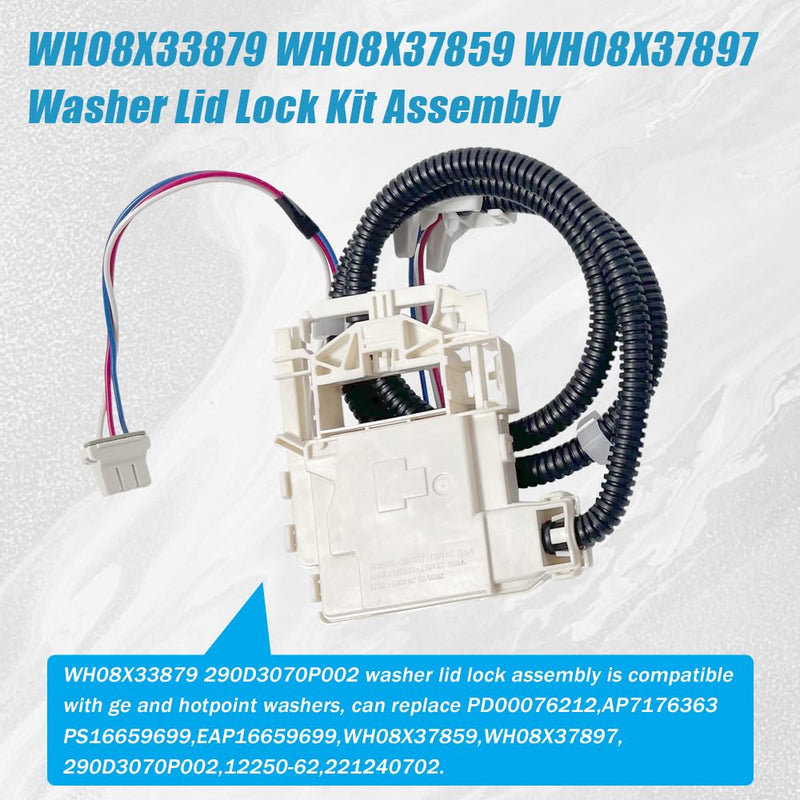 WH08X33879 Washer Lid Lock Assembly - Stainless Steel Spring & IP55 Waterproof, UL Certified Fit for GE PTW600/PTW700/PTW900 Series, GTW220/GTW385, HTW265 Models (Replaces WH08X37859)