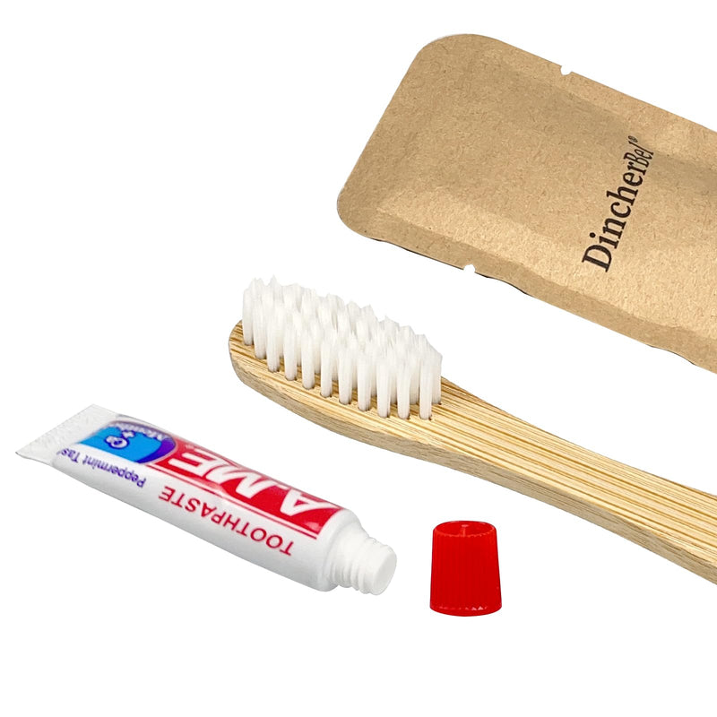 DincherBel Bamboo Toothbrushes Kit Bulk, Disposable Toothbrushes with Toothpaste(6g), Individually Wrapped Toiletries Amenities for Hotel, Airbnb, Homeless, Shelter, Camping and Travel (50 Pack) 50 Pack(Bamboo)