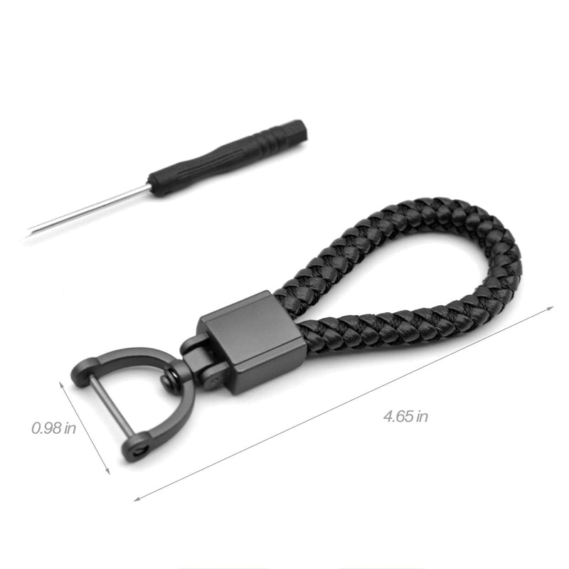 FEYOUN Universal Black Leather Car Fob Keychain Metal Keyring Woven Strap Braided Rope Key Chain for Men and Women - Matte Black Color, with 360 Degree Rotatable D-ring and Screwdriver Black and Matte Black