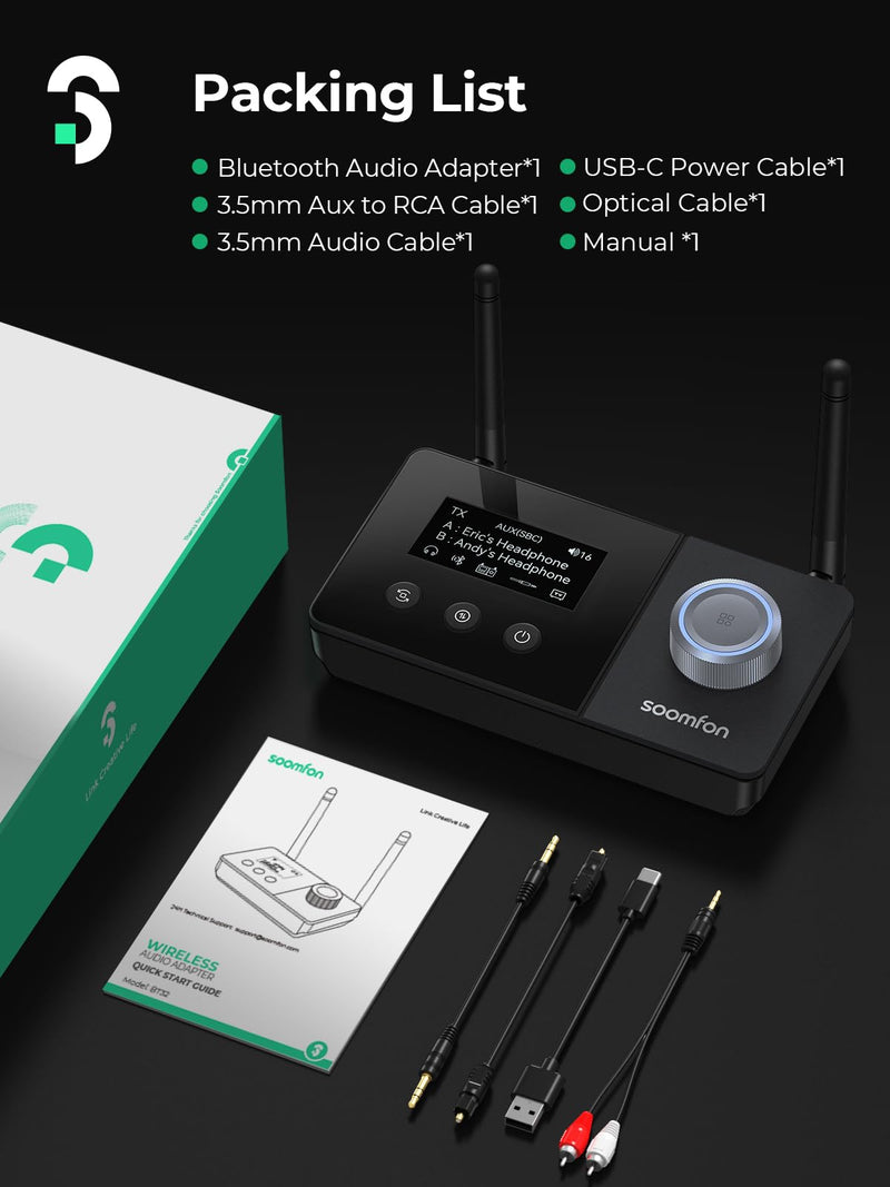 SOOMFON Dual Antenna Bluetooth Transmitter for TV Bluetooth 5.3 Receiver 3-in-1 to 2 Headphones with LCD Display Volume Control Optical AUX RCA for TV Home Stereo Speaker