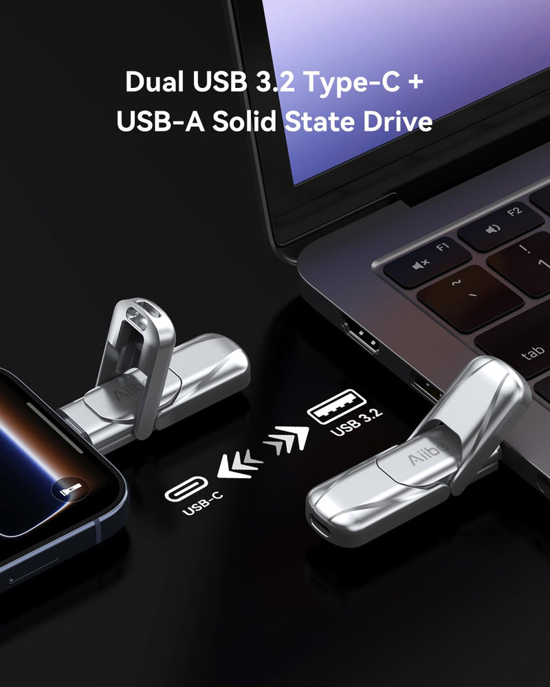 Aiibe 128GB Solid State Dual Drive up to 450MB/s USB C Solid State Drive USB 3.2 Gen 1 Metal Type C + A External Portable SSD for iPhone 15/16/17 Series Android Smartphones Tablets Laptops 128.0 GB