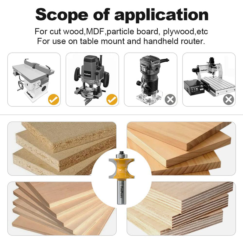 Fivepears 5Pcs Bullnose Router Bit Set 1/2 Shank, Bearing Half Round Router Bits for Woodworking, Carbide Tipped Edge Bits for Cutting Door Cabinet Shelve Table, Radius 1/8", 3/16", 1/4", 5/16", 3/8" 5 Bits Set - 1/2" Shank
