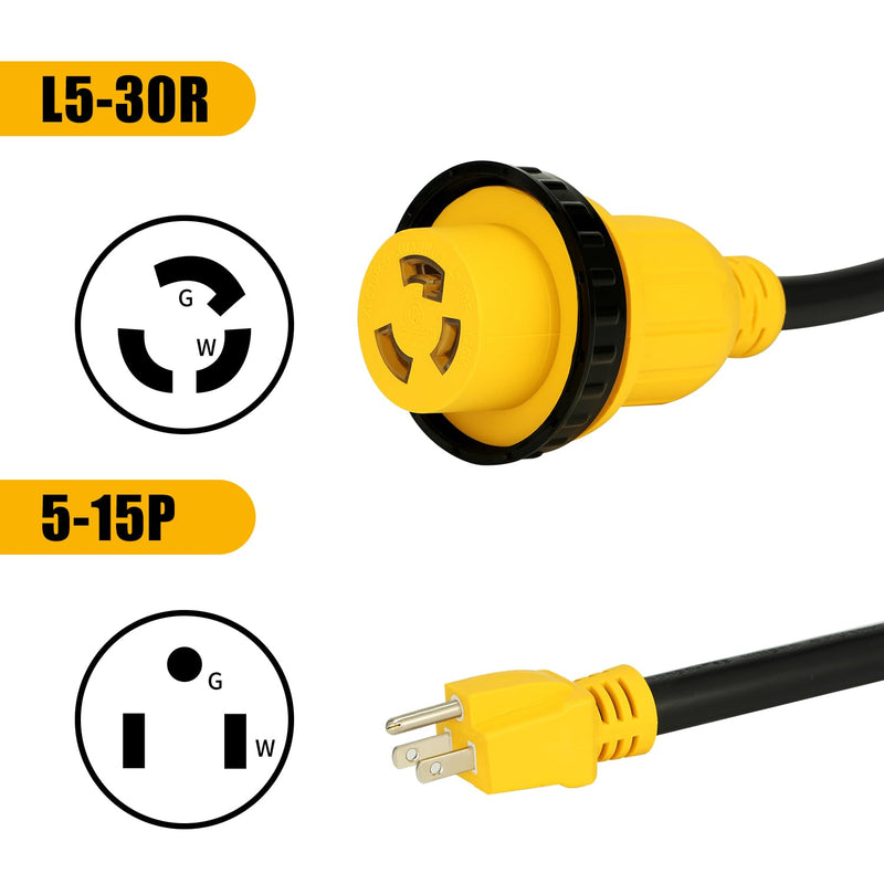 30 Amp to 15 Amp 125 Volt RV Adapter Cord with Twist Locking,NEMA 5-15P Male to L5-30R Female Electrical Power Adapter,Heavy Duty STW 10 Gauge,1.5FT