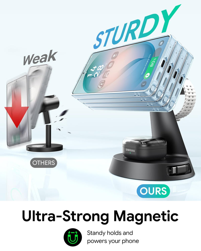 Meifigno 4 in 1 Magnetic Charger for Samsung with 20W Fast Retractable Cable, Wireless Charging Station Designed for MagSafe Charger Stand for Galaxy S26 Ultra Z Fold7/Flip7/Galaxy Watch Ultra 8/Buds