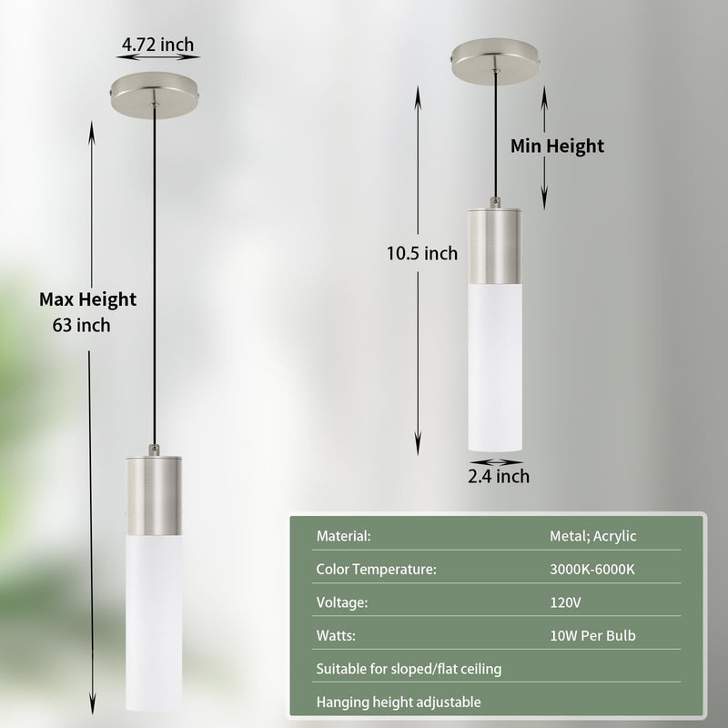 LED Kitchen Pendant Lighting Over Sink 1-Light Brushed Nickel Pendant Lights Modern Dining Table Lights Ceiling Hanging Lamp with Milky White Lampshade, Adjustable Height, 3000K-6000K 1-Light 1-Pack
