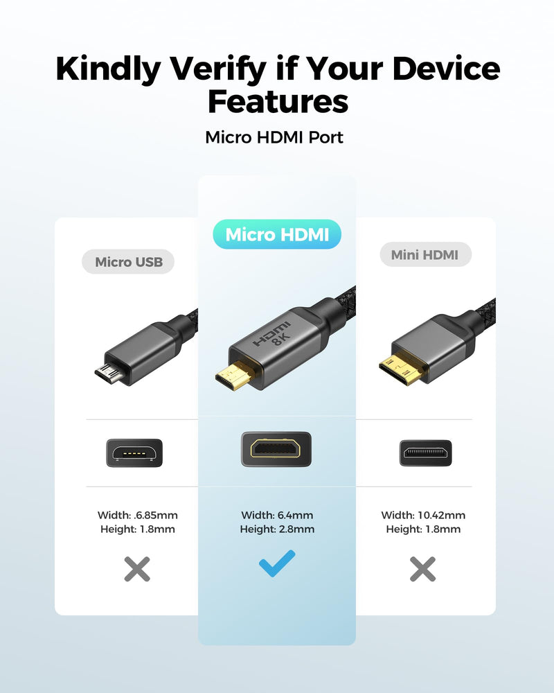 Silkland 8K 4K Micro HDMI to HDMI Cable 10ft, Micro HDMI 2.1 Adapter [8K@60Hz, 4K@240Hz 144Hz 120Hz] 6K 5K, 48Gbps, HDR, Compatible for Samsung G8,G9, Camera, Raspberry Pi 5 4, GoPro Hero, Cam Link 10 Feet