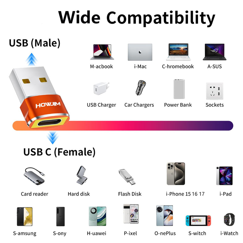 USB to USB C Adapter 2 Pack,USB C Female to A Male Charger Converter | Fast Charging and Data Transfer,for Pad Pro Phone 15/16/17 Pro Max G-alaxy Smartphone Laptop Tablet Orange