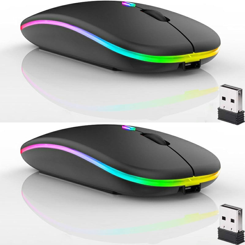 2 Pack Wireless Bluetooth Mouse,LED Dual Mode Rechargeable Silent Slim Laptop Mouse,Portable(BT5.2+USB Receiver) Dual Mode Computer Mice,for Laptop,Desktop Computer,ipad Tablet,Phone,TV (Black) 2 pack black