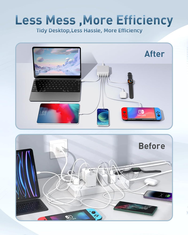 MSTJRY Charging Station for Multiple Devices : 130W 6 Port GaN Fast USB C Charger Station, Compact Multi Port PD 65W 45W Charger for iPhone 16 15/14/13 White