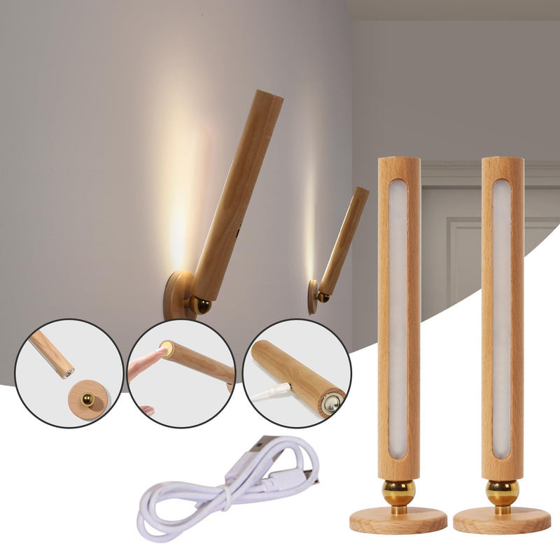 360° Rotatable Wooden Led Wall Lamp Magnetic USB Rechargeable Wall Sconces Battery Operated Led Night Light for Household (Beech Wood) Beech Wood 2PCS