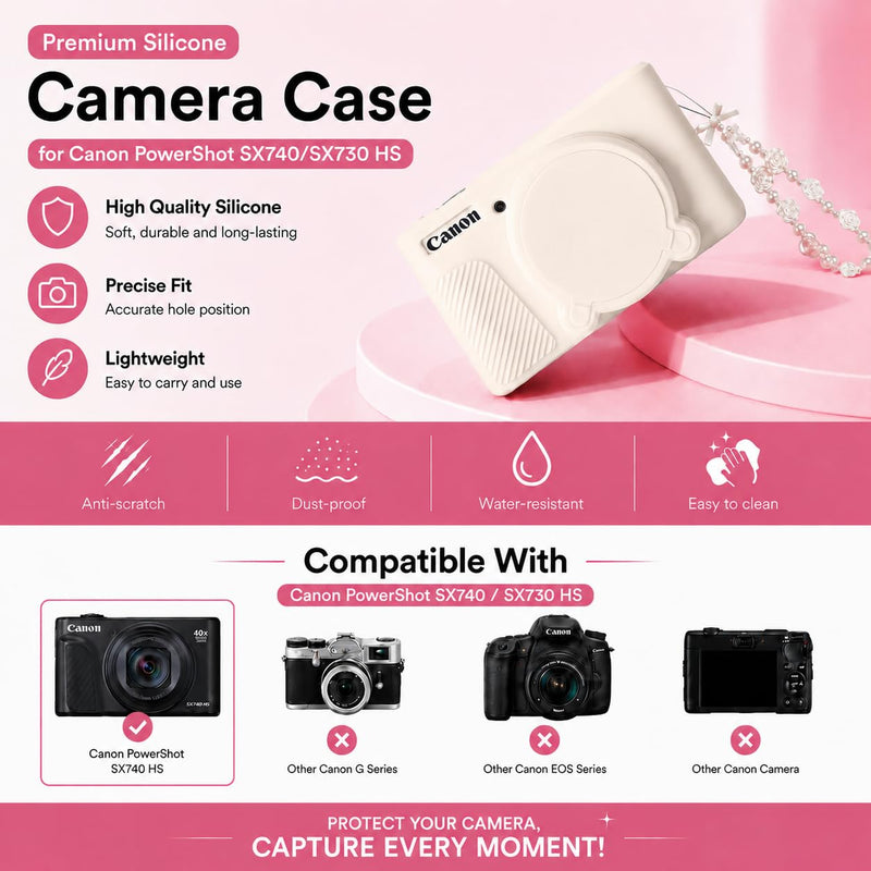 Camera Case for Canon PowerShot SX740 HS/SX730 HS,Soft Silicone Protective Cover with Removable Lens Cap,tempered glass Screen Protector&Wrist Strap,Camera Accessories (Beige) Beige