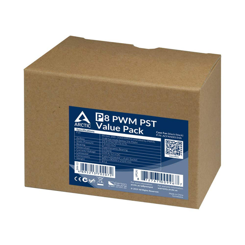 ARCTIC P8 PWM PST (5 Pack) - PC Fans, 80mm Case Fan with PWM Sharing Technology (PST), Pressure-optimised, Quiet Motor, Computer, Fan Speed: 200–3000 RPM - Black