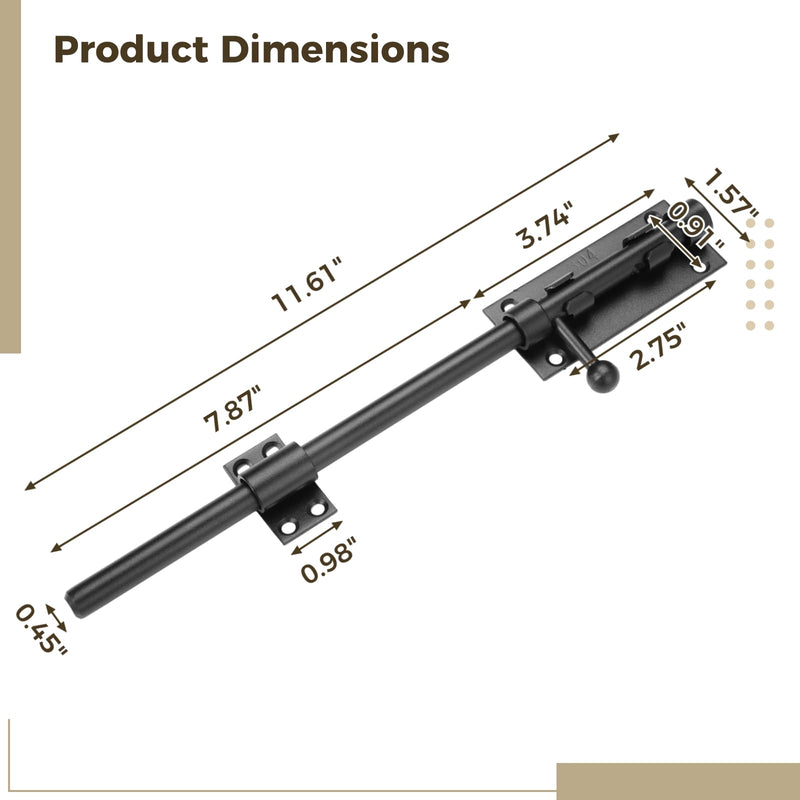2 Packs 12" Slide Bolt Latches, Heavy-Duty 304 Stainless Steel Gate Door Slide Latches with 9 mm Padlock Hole, ½" Dia. Matte Black Barrel Bolt Locks for Gates, Barns, Fences