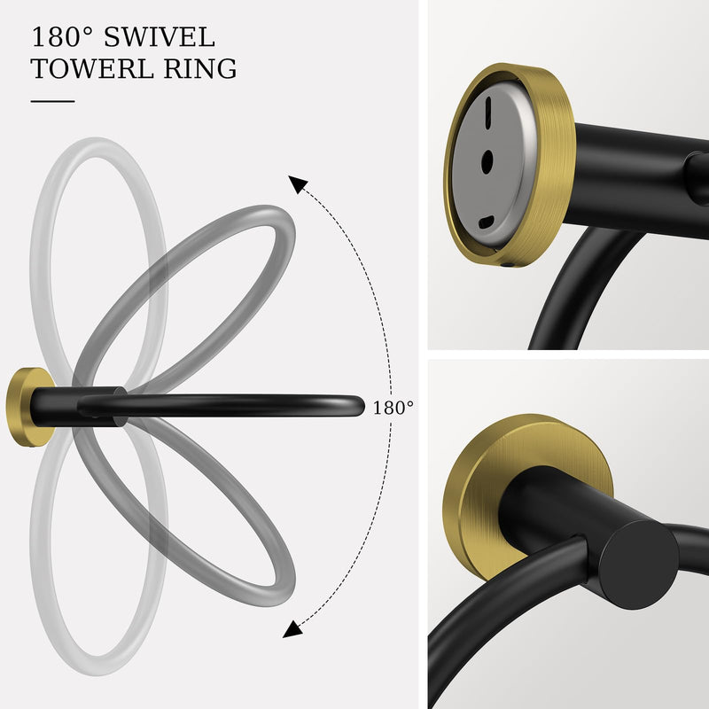 Black and Gold Toilet Paper Holder & Towel Holder, Bathroom Hardware Set-SUS304 Stainless Steel Double Post Pivoting Tissue Roll Holder and Hand Towel Ring Set for Bathroom, RV Black Gold
