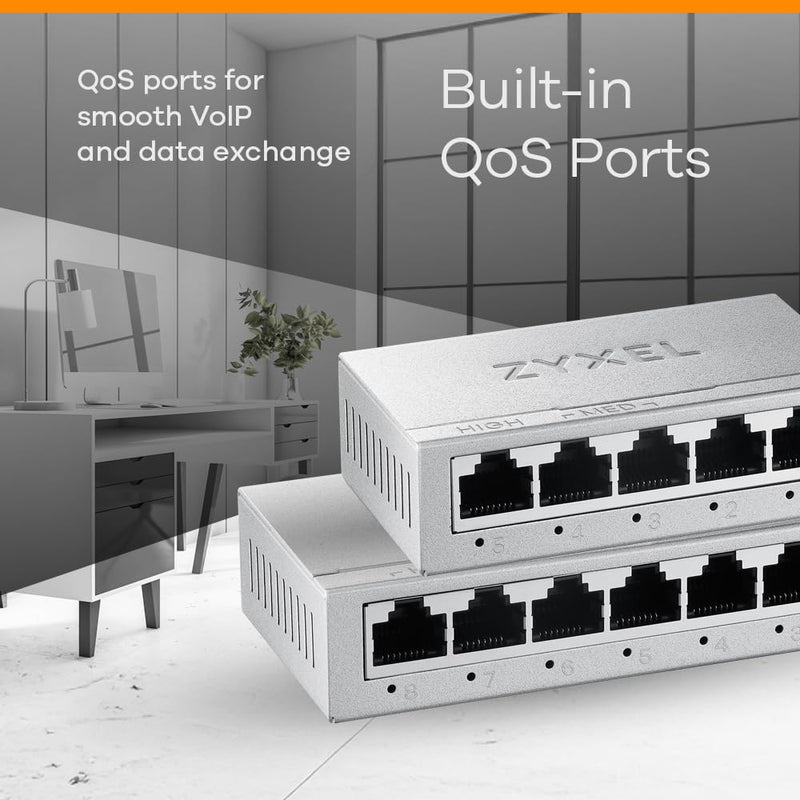 Zyxel 8-Port Gigabit Unmanaged Ethernet Switch, Ethernet Splitter, Desktop or Wall Mount [GS-108B v5] 8-Port | Metal