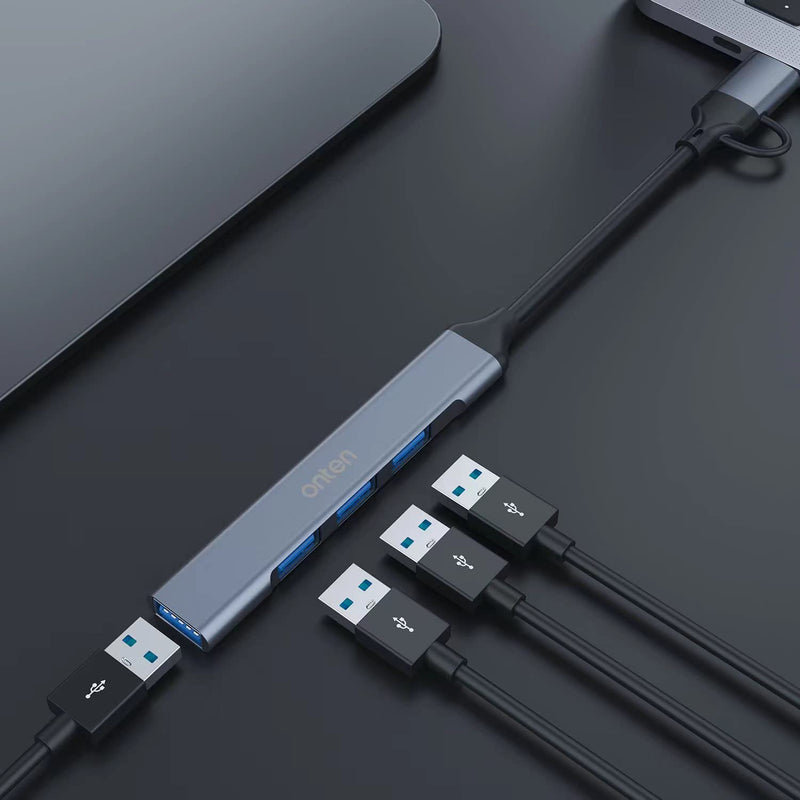 USB Hub, ONTEN USB C to USB Adapter, USB C to USB A Hub with 1.6ft Cable,4 Ports USB-C USB Hub 3.0/2.0, for MacBook Pro, iMac 2021, USB Splitter Aluminum Alloy, Color Gray blue