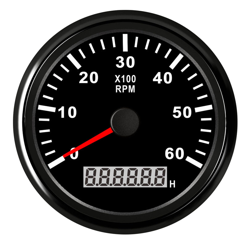Geloo 85MM Marine Tachometer Outboard Waterproof 6000RPM Boat RPM Tacho Meter with LCD Digital Hour Meter Red Backlight for Car Truck Diesel Engine 9-32V Black
