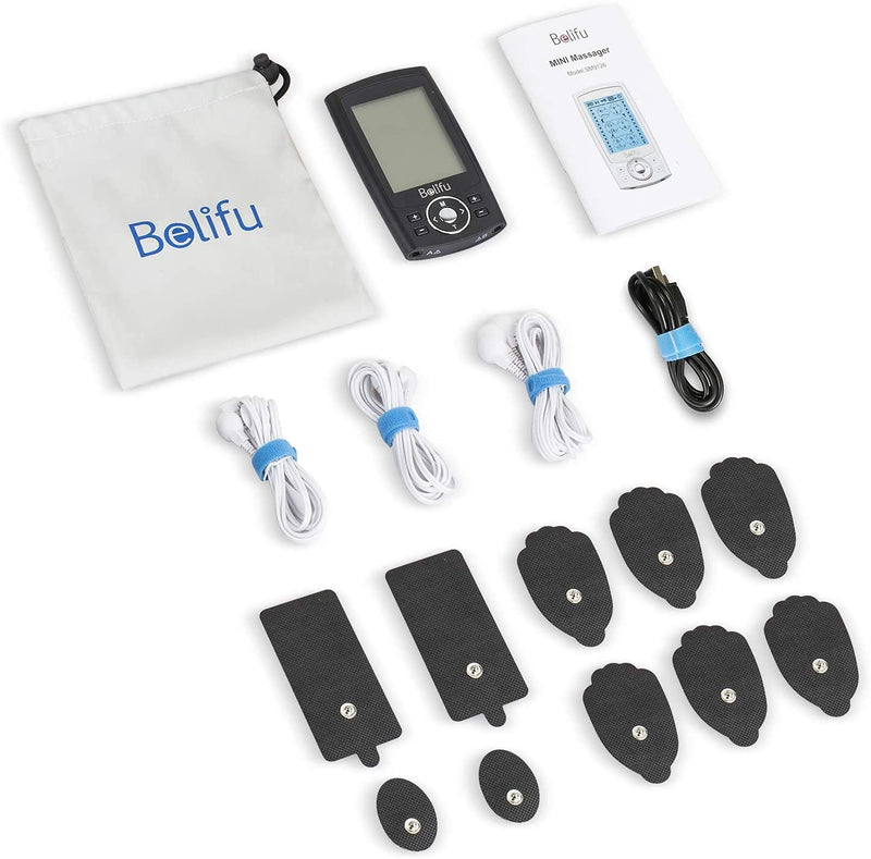 Belifu Dual Channel TENS EMS Unit 24 Modes Muscle Stimulator for Pain Relief Therapy, Electronic Pulse Massager Muscle Massager with 10 Pads, Dust-Proof Drawstring Storage Bag, Fastening Cable Ties Black