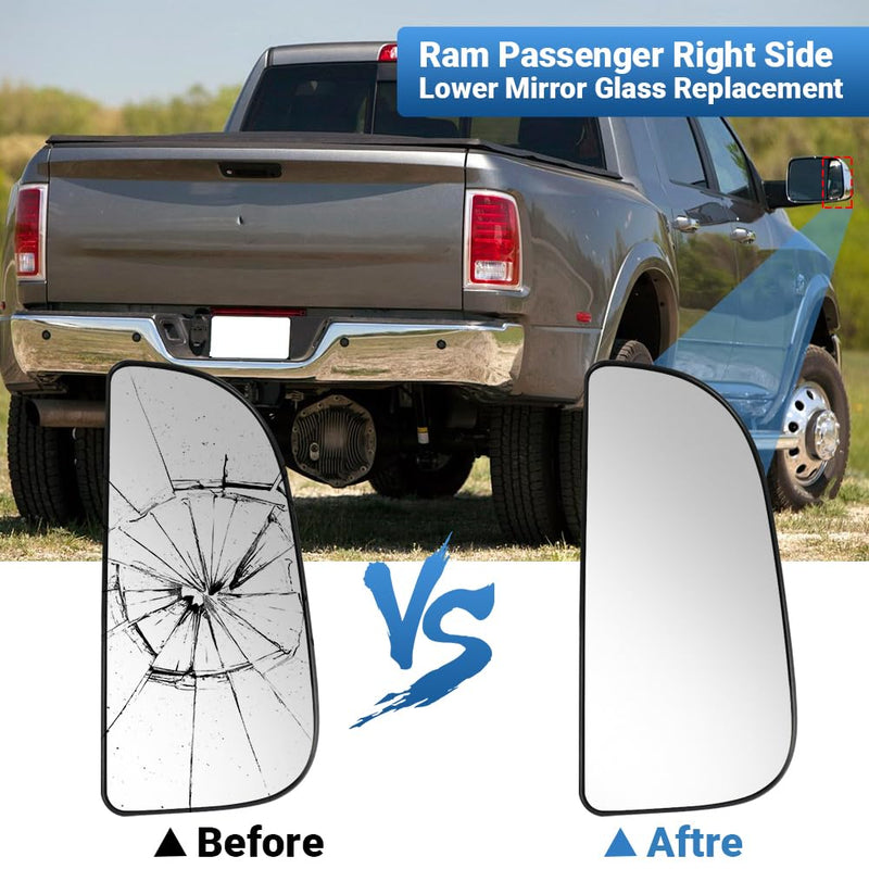 Passenger Right Side Lower Mirror Glass Replacement，For 2010-2020 Dodge Ram 1500 2500 3500 4500 5500 Towing Model, 68067730AA，Right Pass Convex Lower Mirror Glass， with Bracket Lower Mirror Glass Passenger side