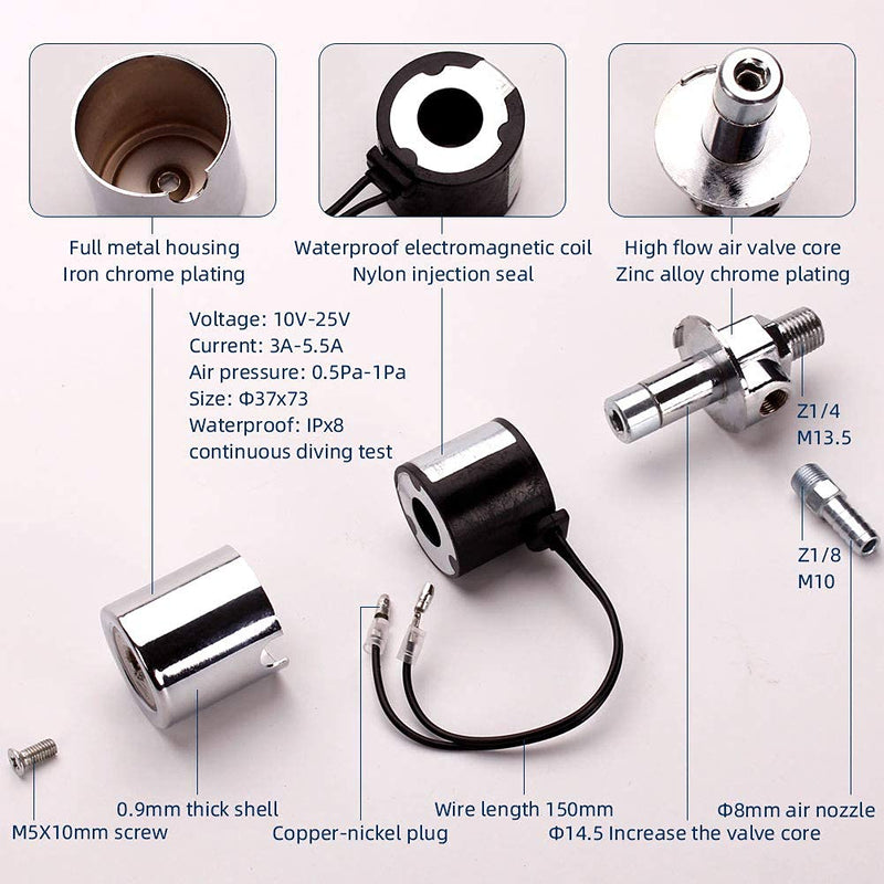 FARBIN Air Horn Solenoid Valve 1/4" NPT 12V/24V universally Electric Air Valve (Solenoid) for Train Air Horn Chrome Plated Metal Housing (Solenoid Valve, 12V/24V)