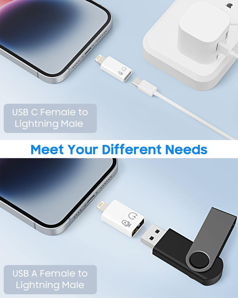 MoKo USB C Female to Lightning Male Adapter, Lightning Male to USB-A Female OTG Adapter Connector for iPhone 14/13/12/11 Pro Max/iPad/iPod/AirPods, Support 10W Fast Charging/Data Transfer/Audio White