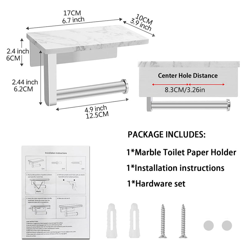 Toilet Paper Holder with White Marble Shelf, Without Drilling Stainless Steel Toilet Roll Holder for Wall, Modern Toilet Paper Holder for Kitchen Bathroom (Brushed) Brushed