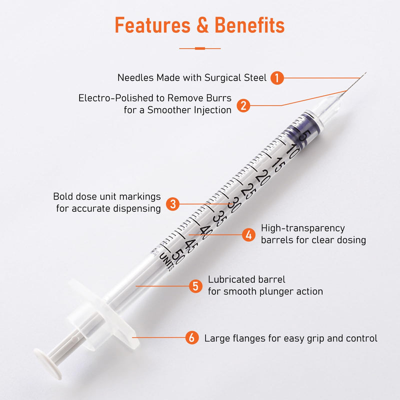 31G 0.5cc 1/4 Inch (6mm) Syringe with Needle, Individually Wrapped, Pack of 100 0.5ml-31G-1/4mm