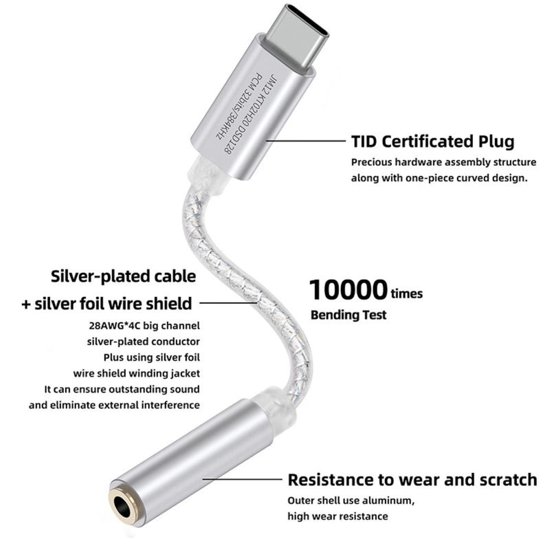 USB C DAC to 3.5mm Audio Adapter with Hi-Res 32bit/384KHz DSD128 Dongle | IEM DAC Dongle with KT02H20 Chip DSD128, Silver-Plated Cable, USBC to Aux Headphone Adapter for Android iPhone PC Mac