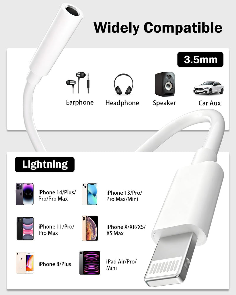 [Apple MFi Certified] Lightning to 3.5mm Headphone Jack Adapter for iPhone | Clear Audio for Music and Media; Compatible with iPhone 14/13/12/11/X/XS/8/7; Compact White 3-Pack, Plug and Play. 3 Pack