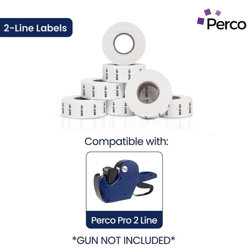 Perco 2 Line Best BY Labels - 8 Rolls, 1 Sleeve, 6,000 Blank Date Gun Labels for Perco 2 Line Date Guns - Made in USA