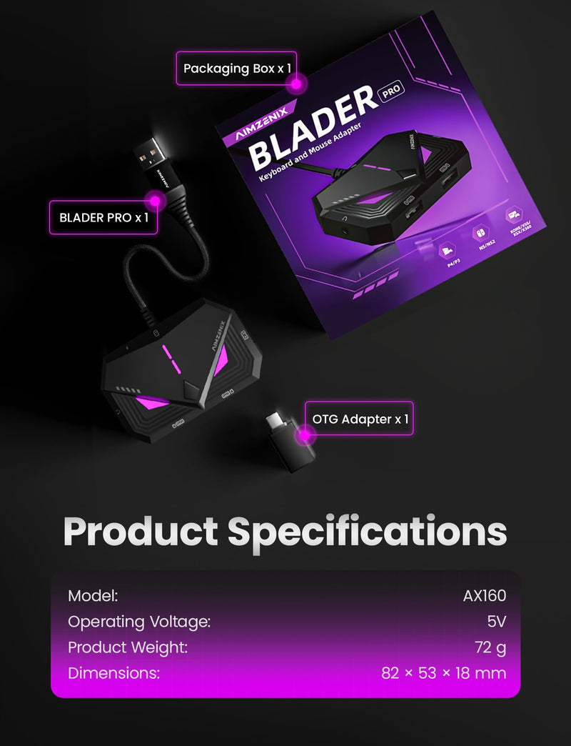 Keyboard Mouse Adapter for Xbox One, Xbox Series X/S, Switch 2, Switch, PS4, Blader Pro - Console MnK Converter with App Control, Built-in USB Cable, 1000Hz Polling Rate