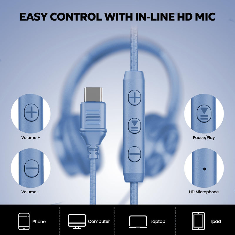 Cowyawn USB C Headphones Wired, Over Ear USB C Wired Headphones with Microphone, Volume Control, HD Stereo Sound, Foldable USB Type C Headphone for Adult/Teens/Laptop/Computer/iPhone 15/16/17, Blue