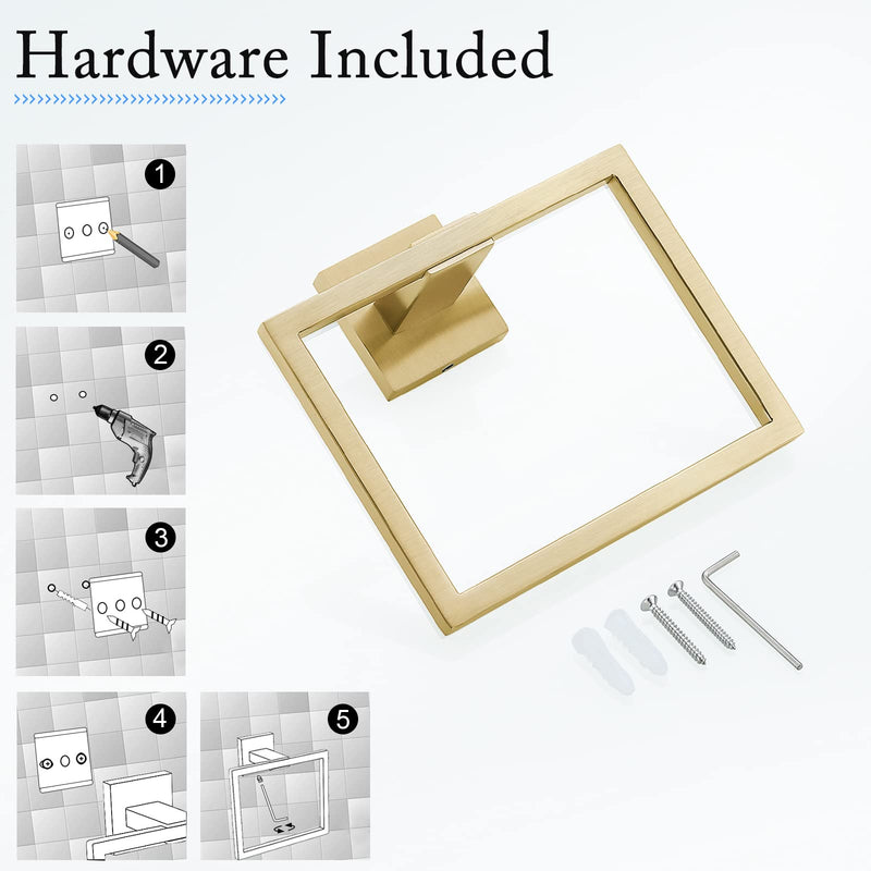 Gold Towel Ring Modern Square Hand Towel Bar,Towel Holder for Bathroom,Wall Mount Stainless Steel Gold