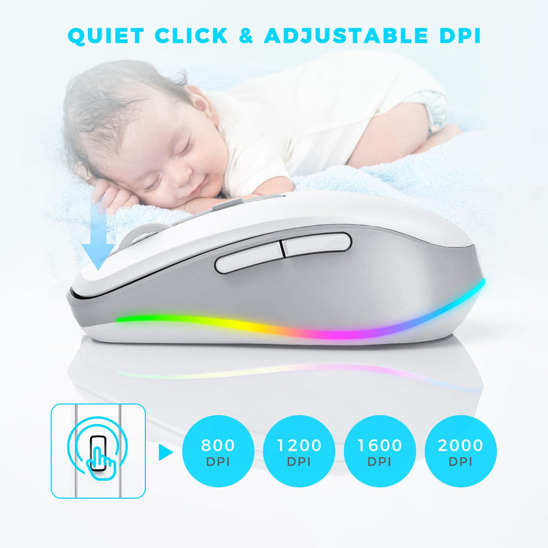 PEIOUS Wireless Mouse Jiggler - LED Wireless Mice with Build-in Mouse Mover, Rechargeable Moving Mouse for Laptop with Undetectable Random Movement Keeps Computers Awake - White & Grey