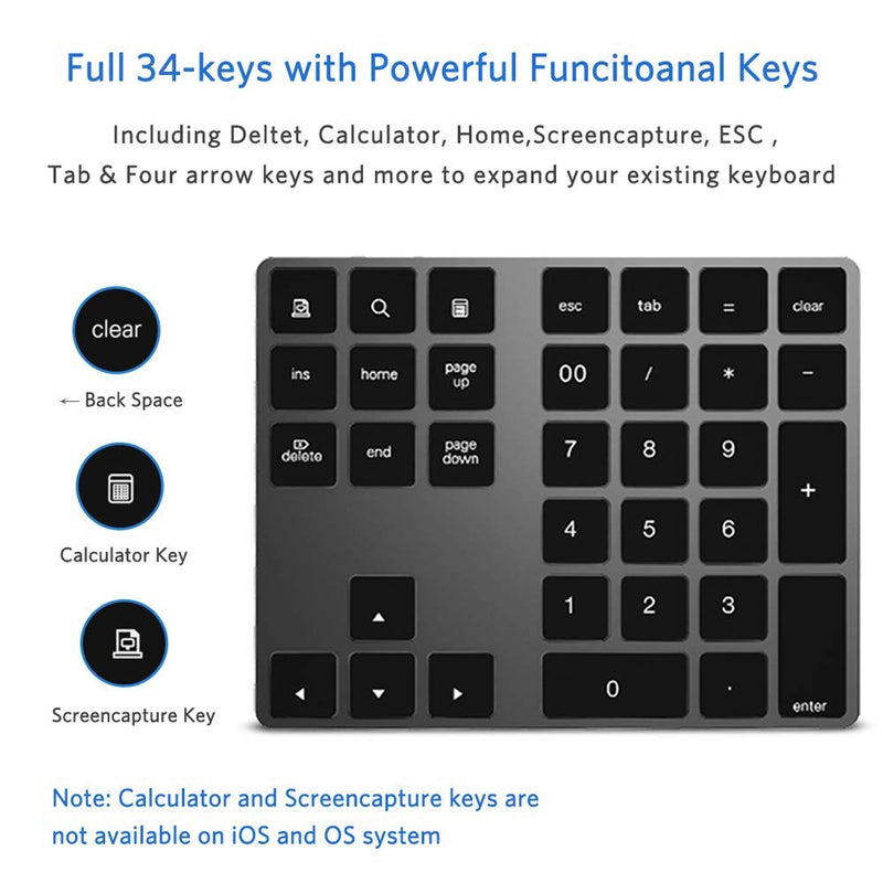 Bluetooth Number Pad, Wireless Numeric Keypad, USB-C Rechargeable External 34-Keys Numpad, Financial Data Entry Keyboard for iMac, MacBook Air/Pro, PC Desktop, Laptop Notebook A-Black