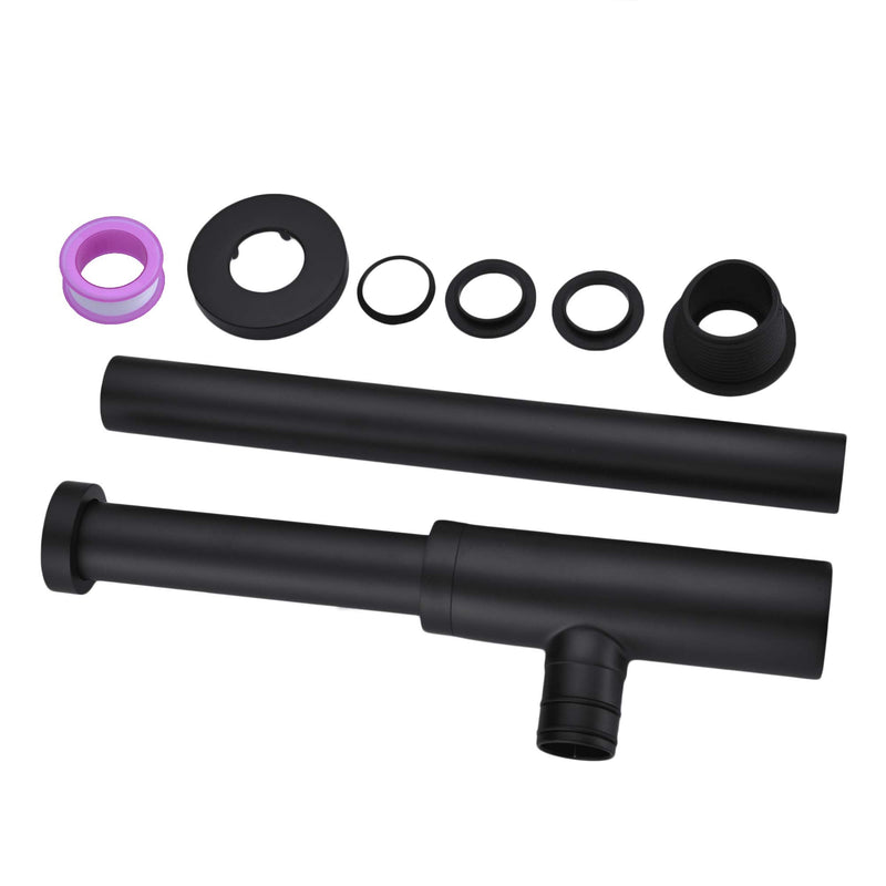 All Brass Round Bottle P Trap, 1 1/4 Bathroom Basin Sink Waste Trap Drain Tube Kit Extra Long Slip Joint Extension Tube Tailpiece for Sink Drain, Adjustable Height Matte Black