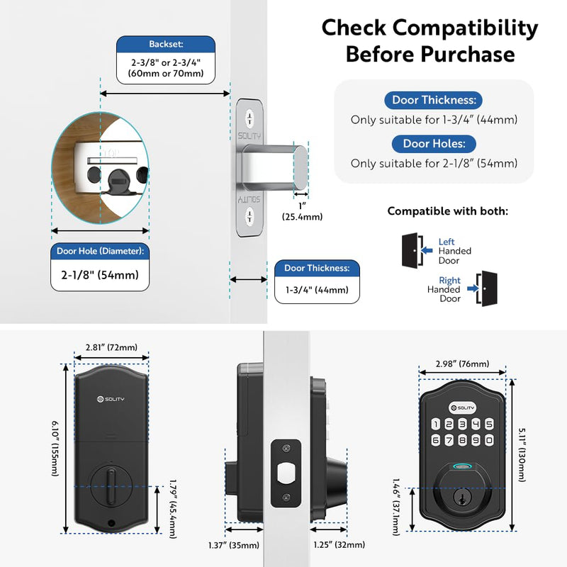 Solity Smart Digital Electronic Deadbolt Door Lock, Keyless Entry, Auto Lock, 50 Custom Codes & Fingerprints, Easy Installation, Keypad for Front & Back Door, AT10 Matte Black Matt Black