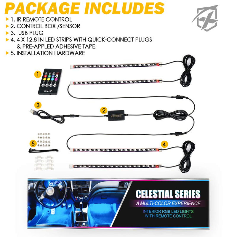 Xprite RGB LED Car Interior Bluetooth USB Light Strip, w/Wireless Remote and APP Control,4 PCS Under Dash Footwell Ambient Lights Kits, DIY Music Mode Universal for Vehicle Internal, SUV, Trucks G7 RGB +USB cable